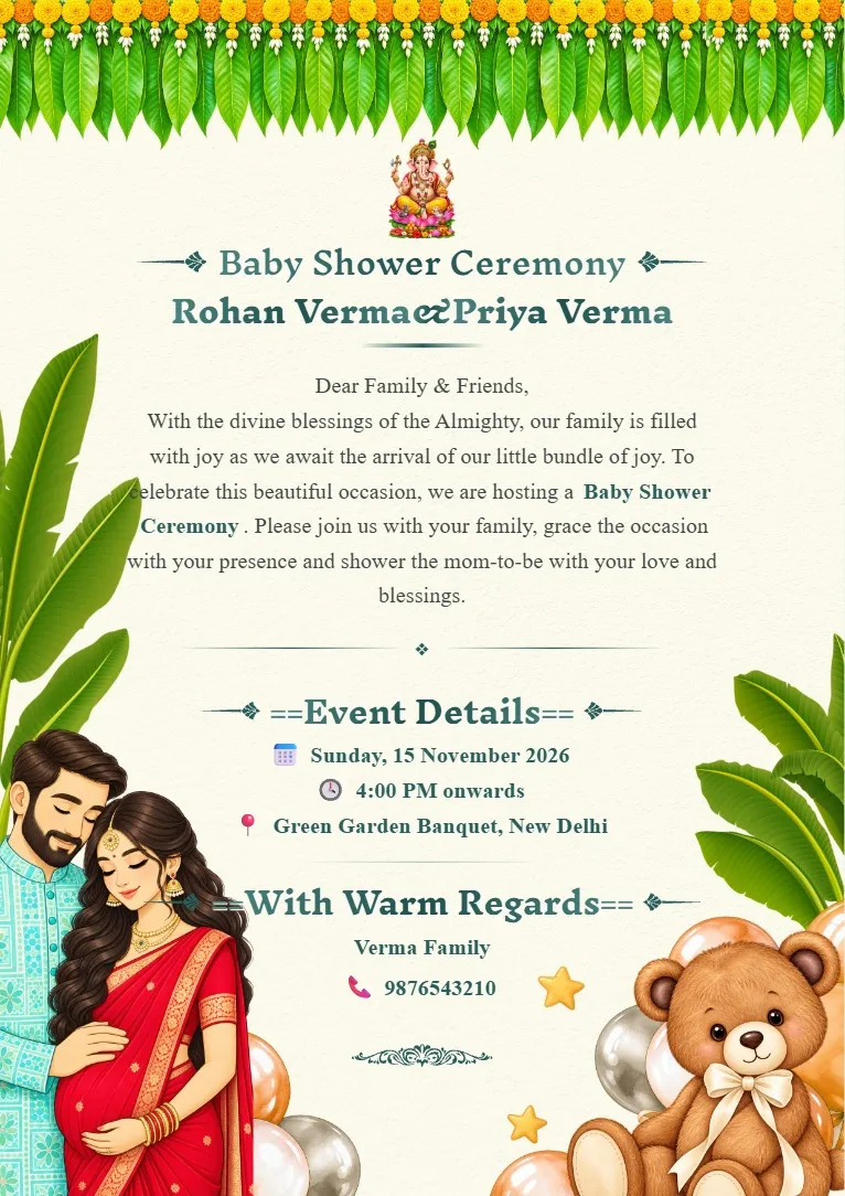 Green leaf floral baby shower invitation card