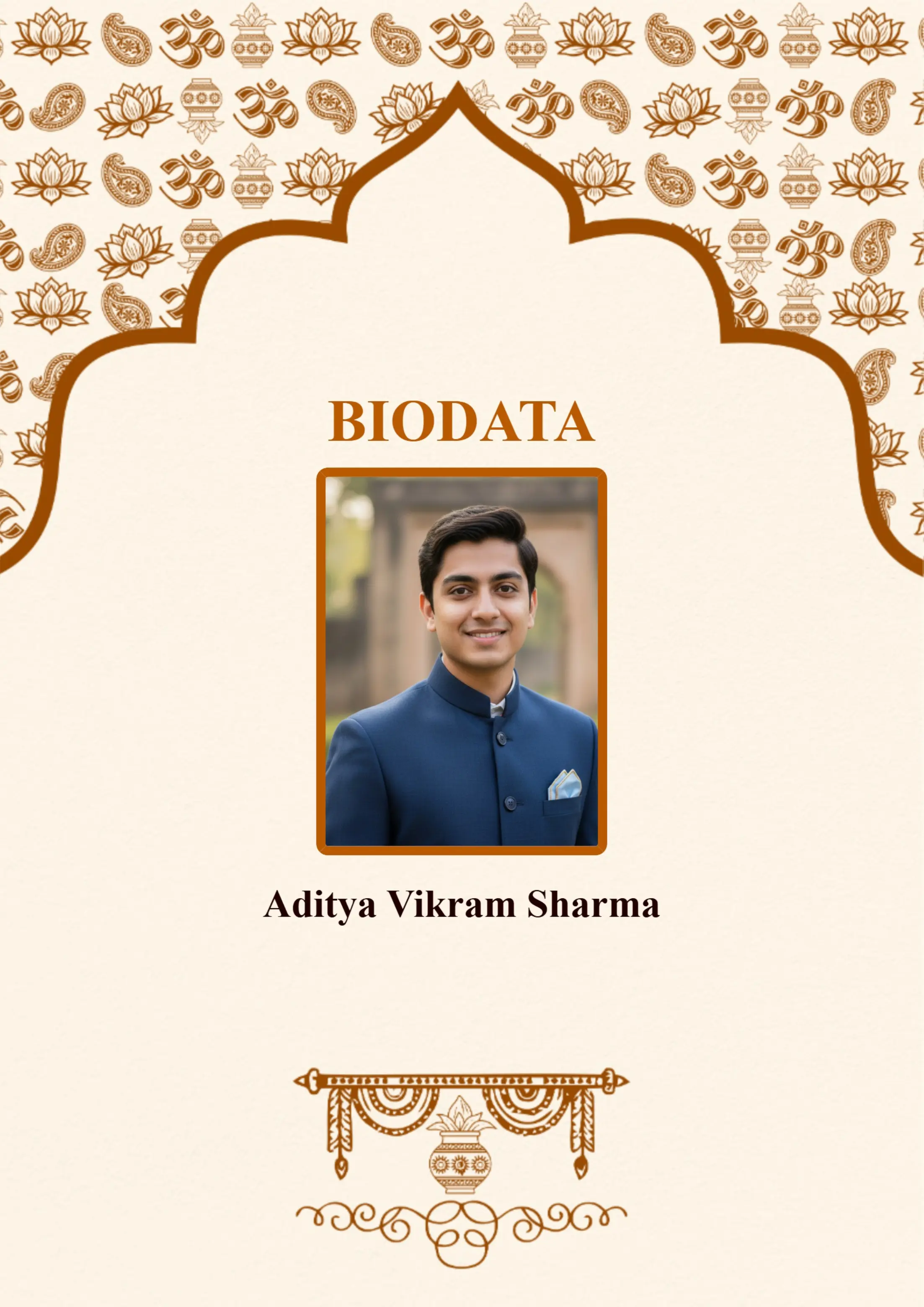 Traditional red and gold arch Hindu biodata template with floral border for boys