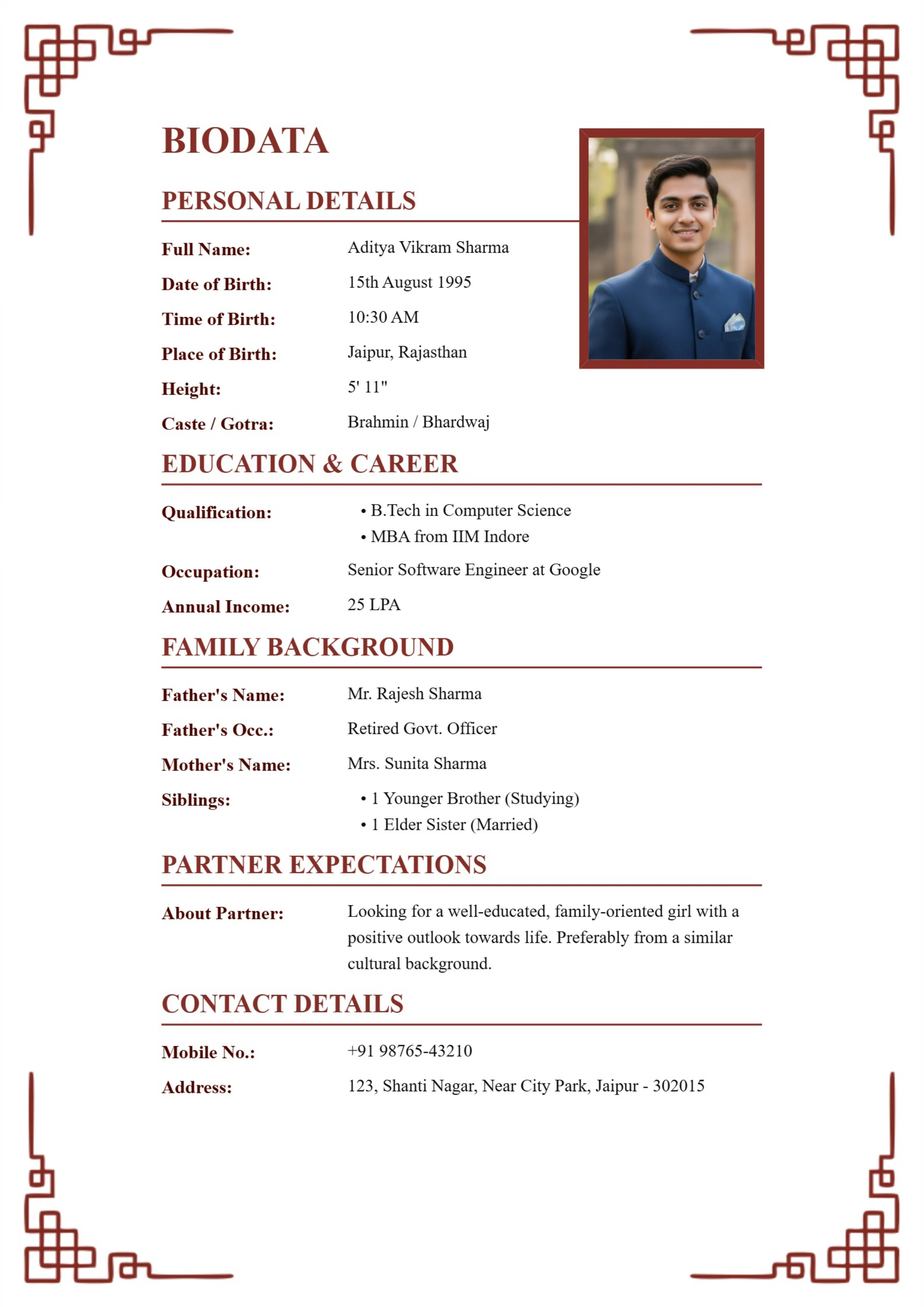 Soft red corner floral biodata template for boys
