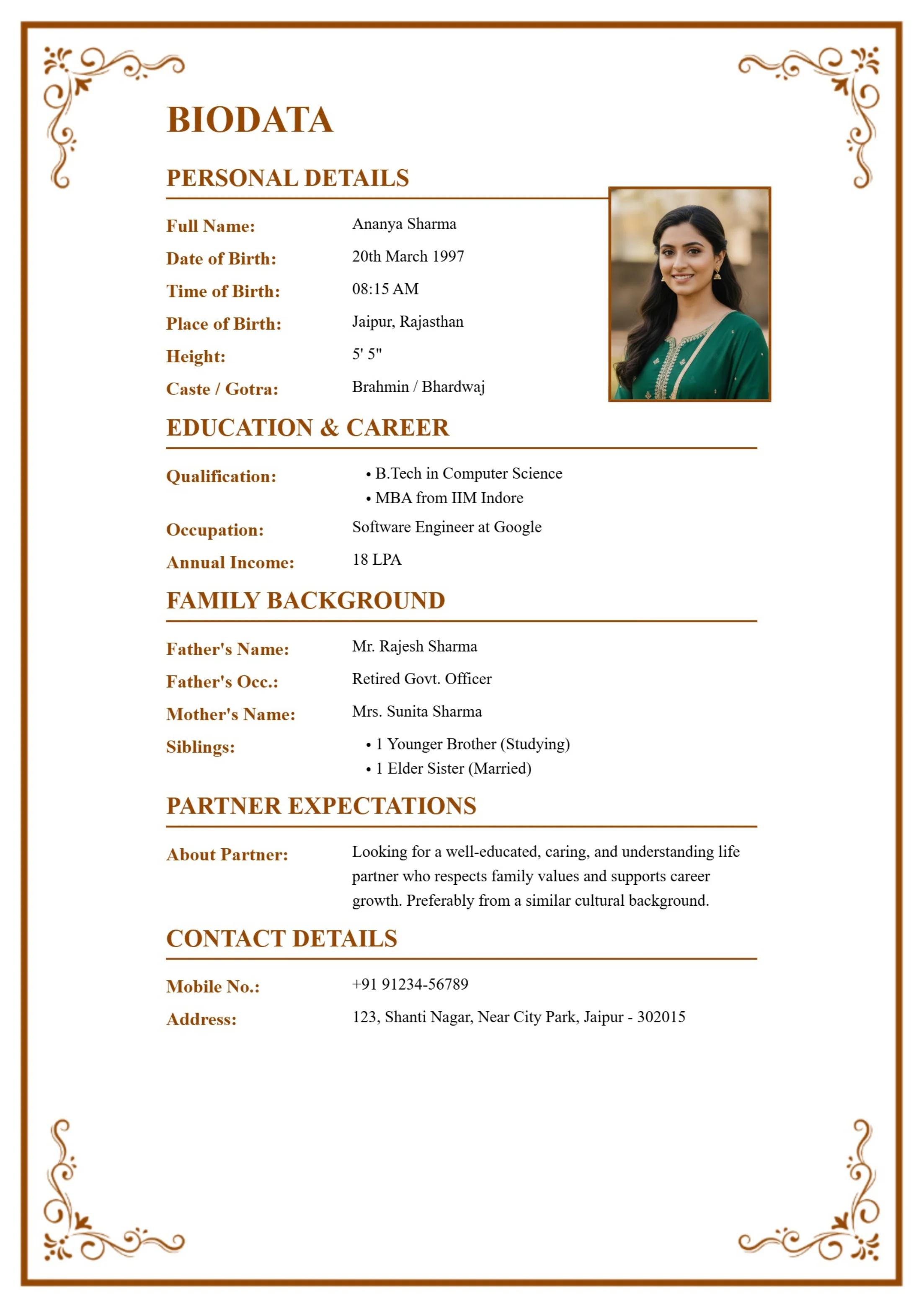 Best marriage biodata format template