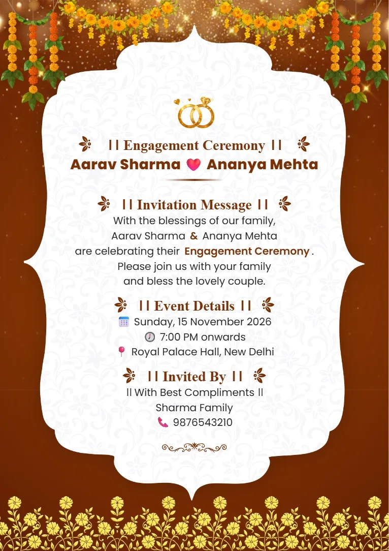 Brown and gold engagement invitation card format with ornate white center, golden floral decorations and traditional festive border