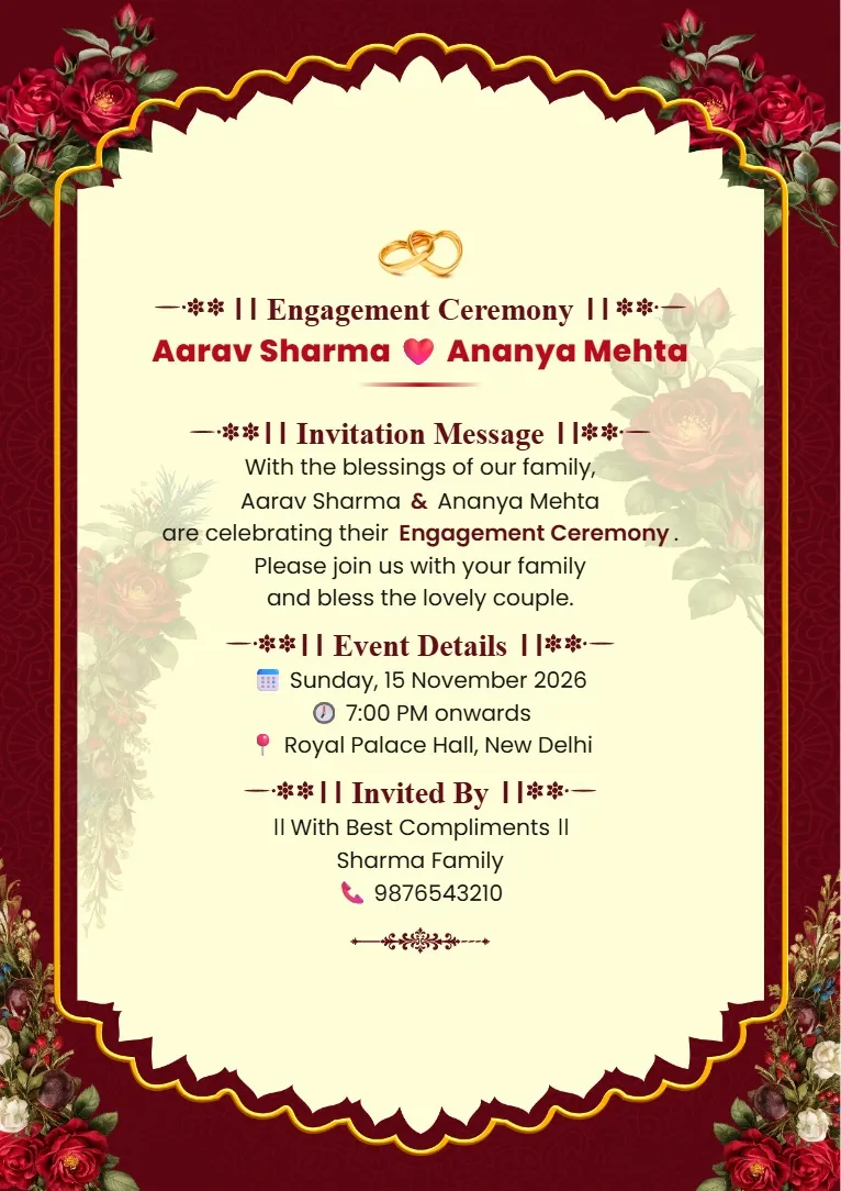 Maroon and gold traditional engagement invitation card format with cream scalloped center panel and decorative floral border