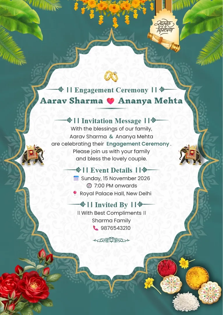 Teal green engagement invitation card format with floral decorations, ornate white frame and traditional elegant layout