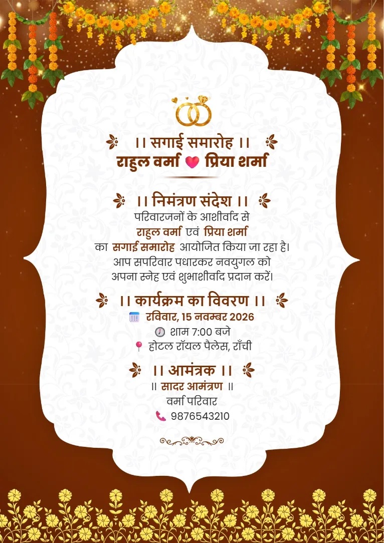 Brown aur golden traditional decoration ke saath white ornate frame wala engagement invitation card format in Hindi
