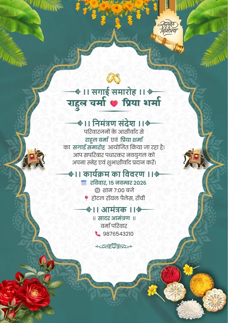 Teal green background, floral decoration aur beautiful frame wala engagement invitation card format in Hindi