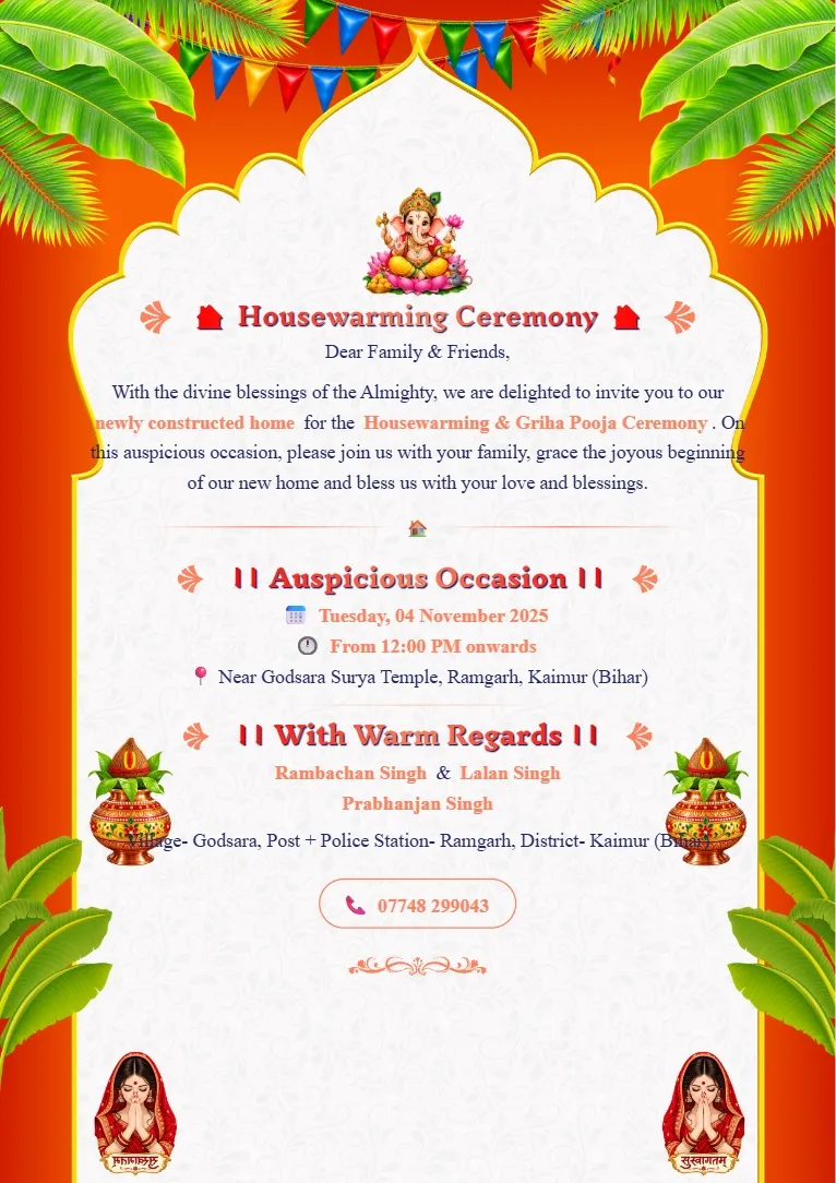 Orange and green Housewarming Invitation Template with tropical leaves, colorful hanging decorations and traditional home elements