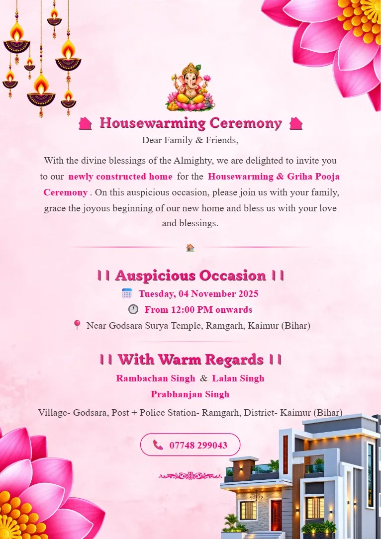 Pink floral Housewarming Invitation Card Maker template with flowers, traditional decorations and new home illustration
