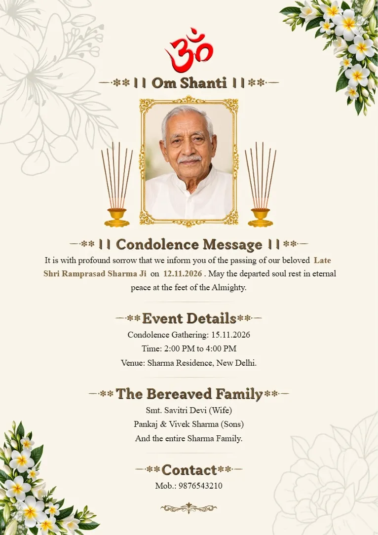 Condolence Card Maker template with framed portrait, Om Shanti heading, beige background, delicate floral line art, and green flower decorations