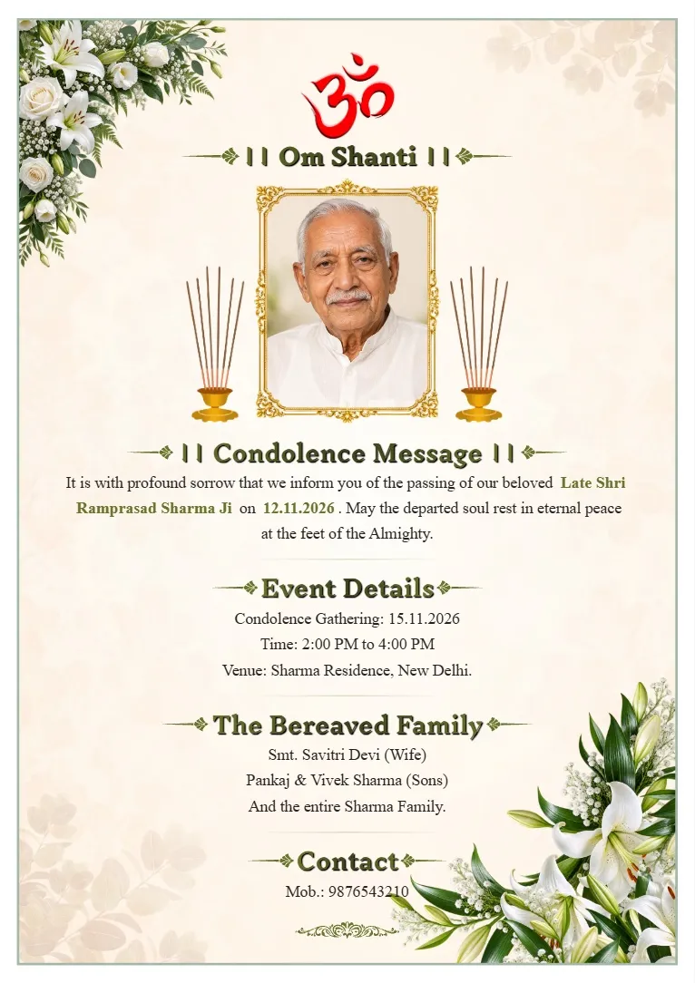 Condolence Card Maker design with a framed portrait, Om Shanti symbol, cream background, and green leaves with white flowers at the bottom