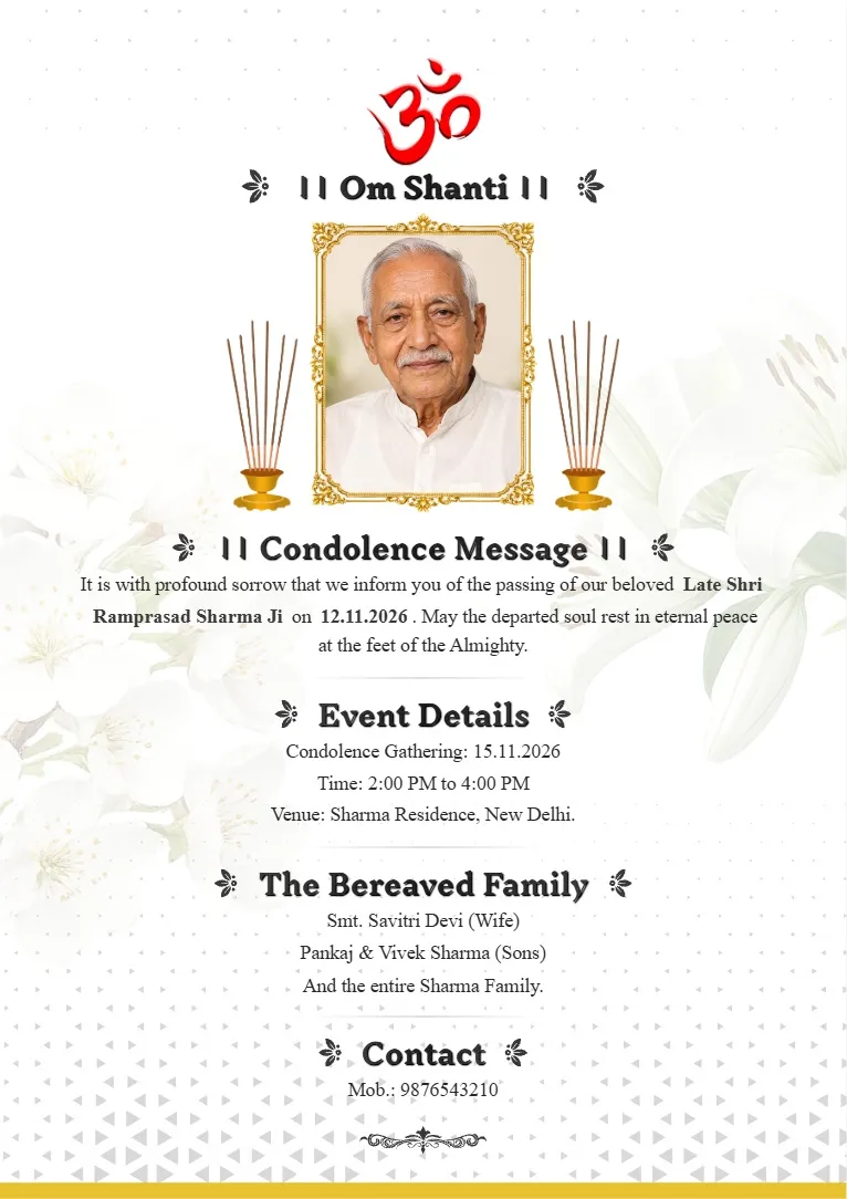 Minimal white floral condolence card template with elegant typography