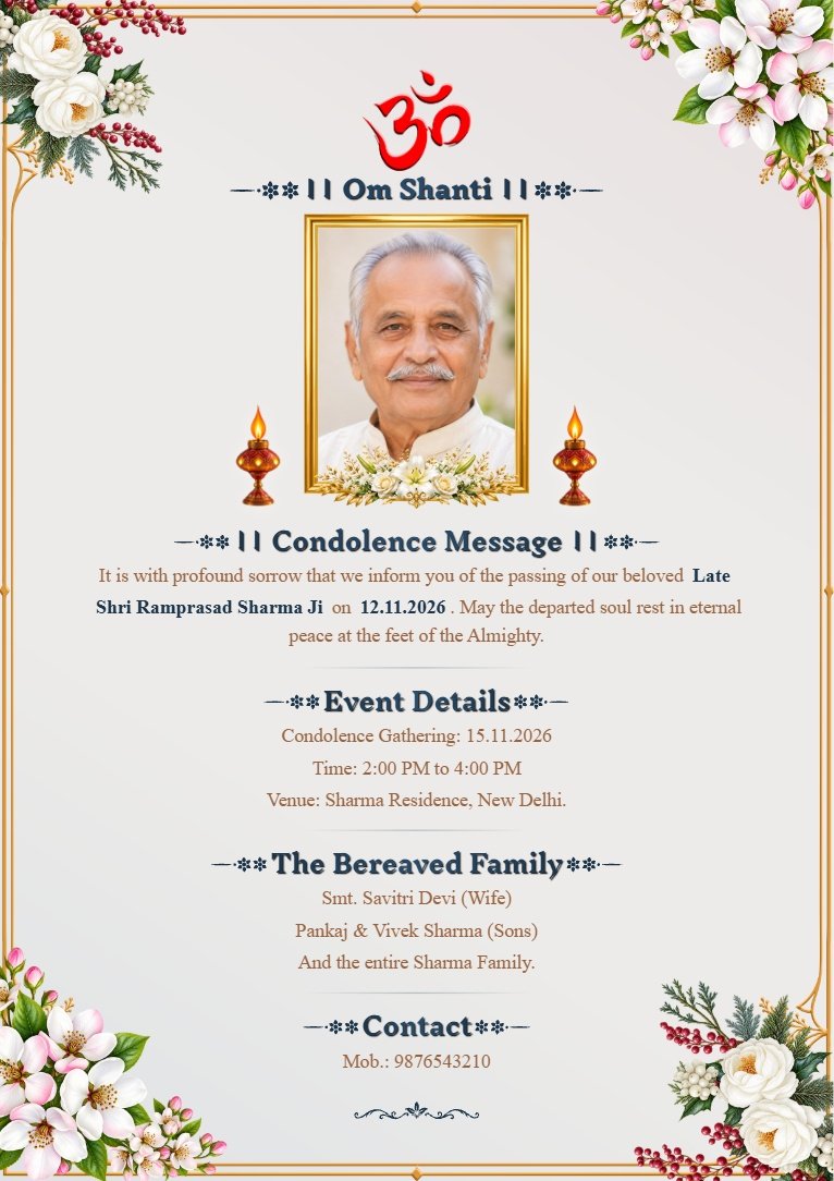 Condolence Card Maker template with framed portrait, Om Shanti symbol, clean white background, and soft white rose and green leaf decorations