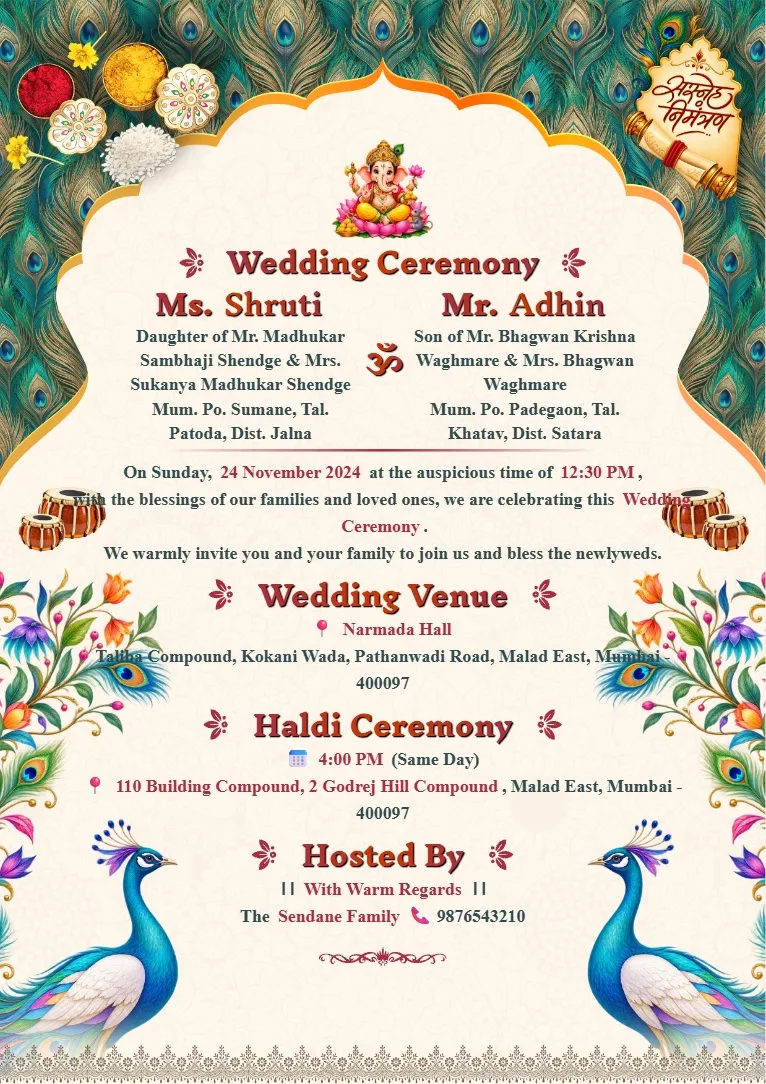 Peacock themed Wedding Card Maker template with colorful floral borders, traditional Indian motifs and elegant decorative wedding elements