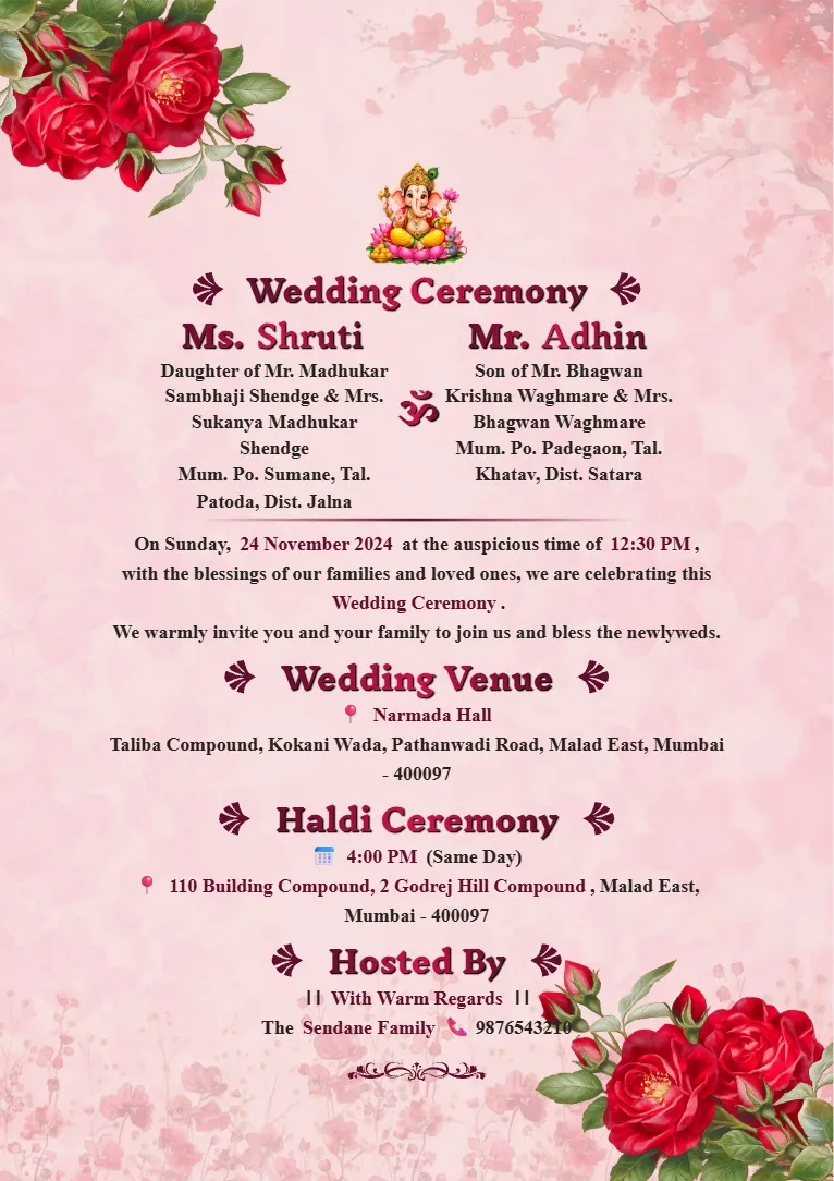 Soft pink Wedding Invitation Template with delicate floral corners, subtle background design and a clean central wedding invitation layout