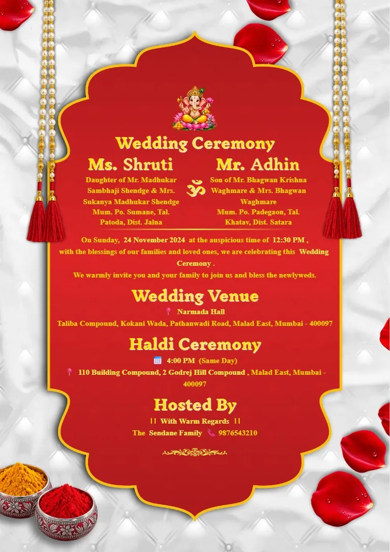 Red and golden Wedding Card Maker template with elegant floral background, traditional wedding motifs and a decorative central invitation panel